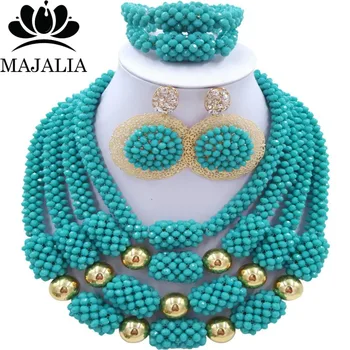 

Trendy Nigerian wedding African beads jewelry set crystal Teal Blue necklace bracelet earrings A well-known brand Majalia Y-17