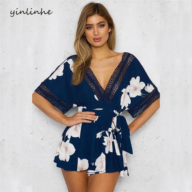 yinlinhe Short Sleeve Floral Summer Playsuit Blue Lace Hollow Out Backless Jumpsuit Women V neck Beach Boho Elegant Rompers 6
