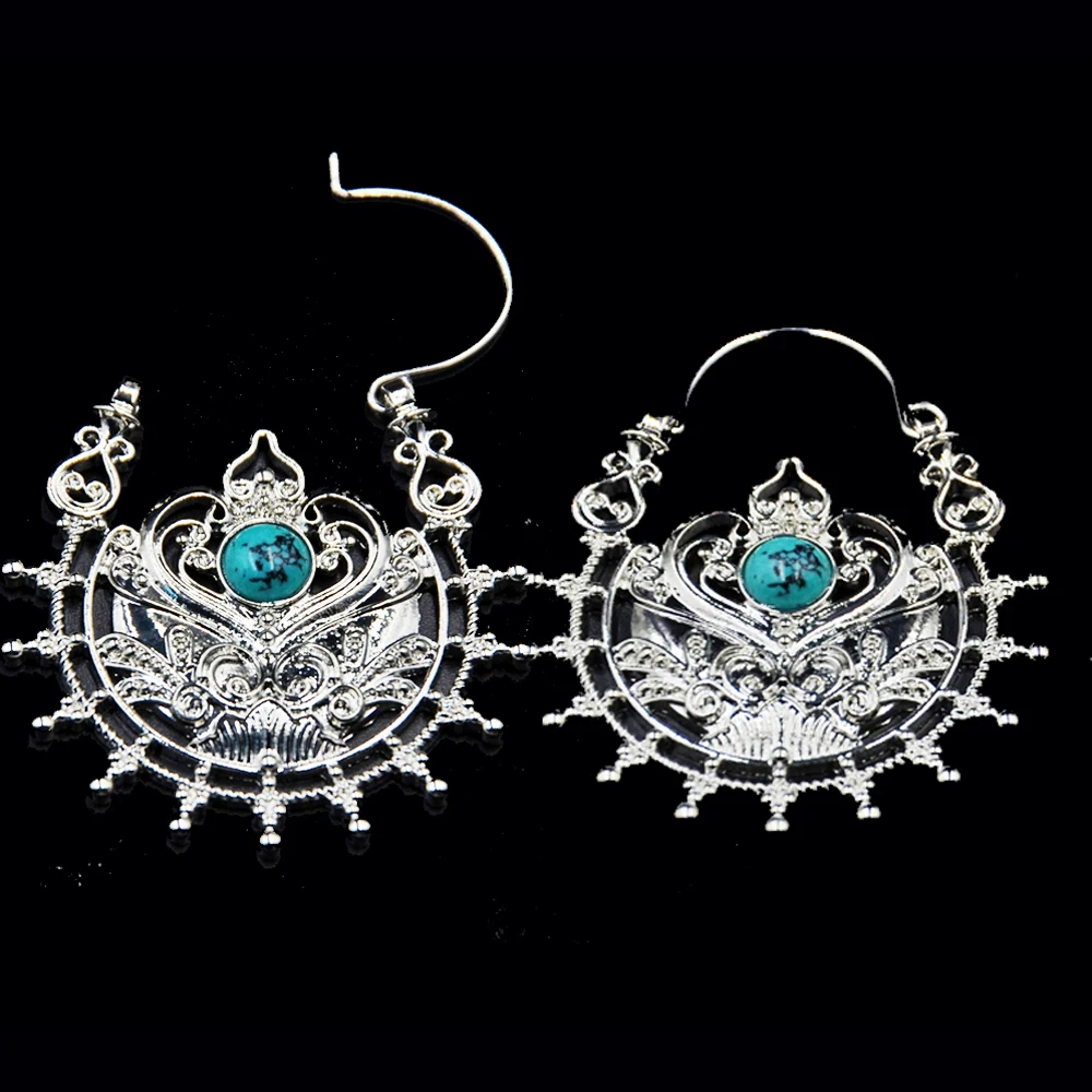 

BOG- Pair Silver Dream Design with Turquoises Ear Weights Hoop Earring Ear Taper Gauge Expander Body Piercing Jewelry