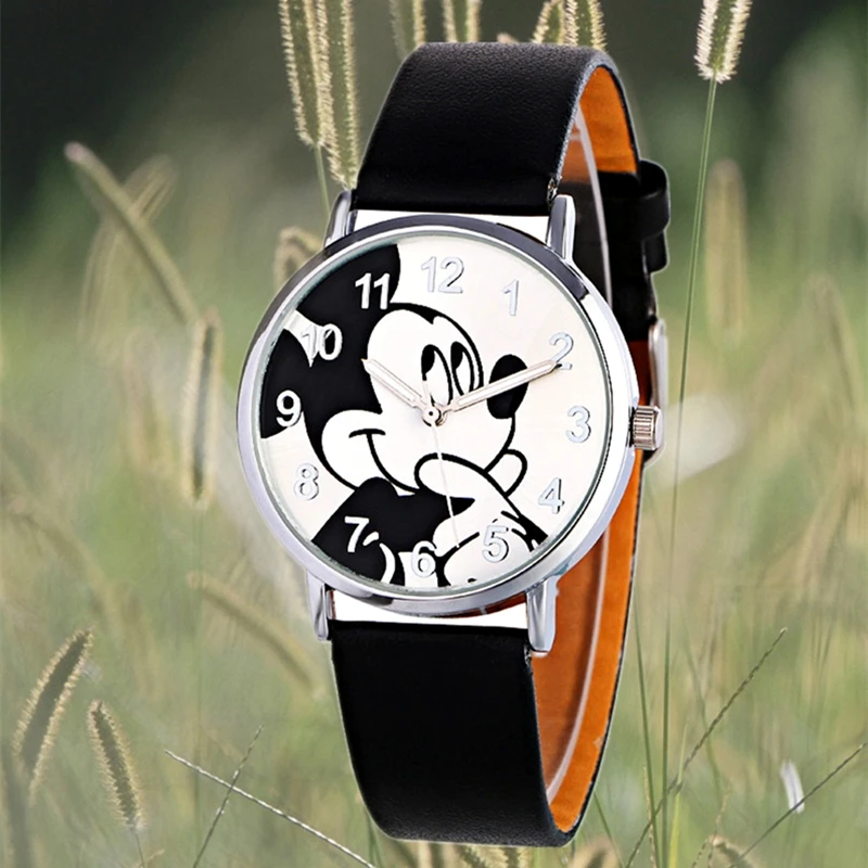 Модные наручные часы с рисунком Микки из мультфильма, Детские Кварцевые часы с кожаным ремешком для мальчиков и девочек