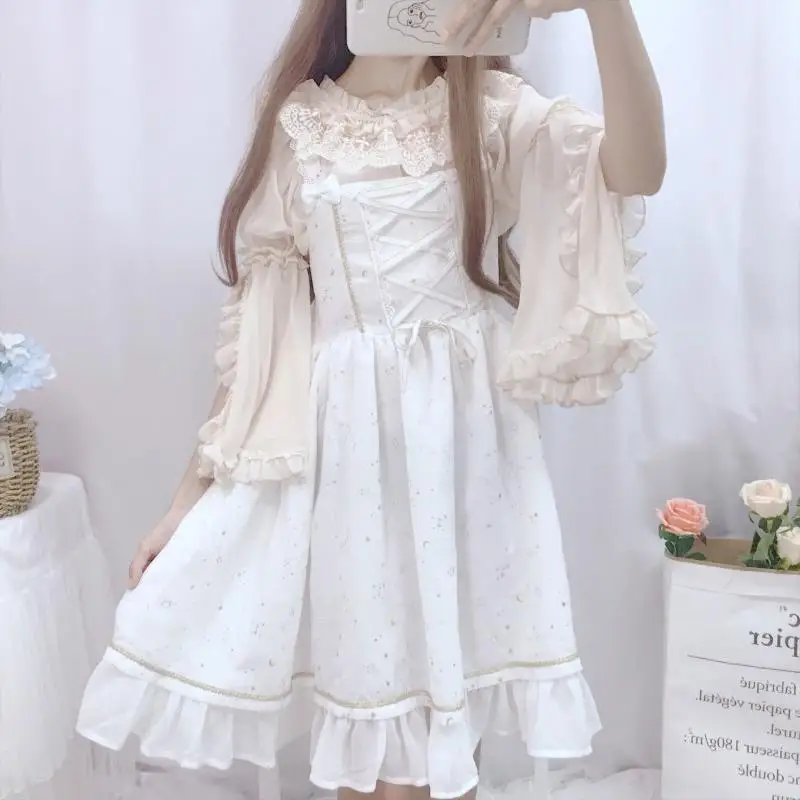 Kawaii японский Лолита платье мягкие сестры кружева Лолита Топы персонаж воротник Ji рукав труба рукав шифон рубашка для женщин