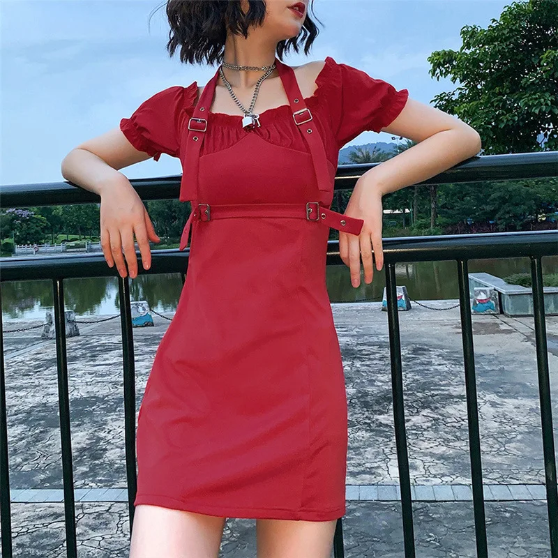 

New Halter Slash Neck Off Shoulder Short Sleeve Hollow Out Rivet Slim Hip Women Summer Sexy Red Dress