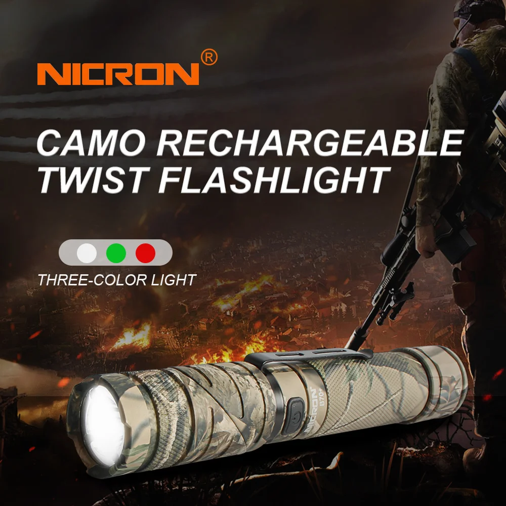 NICRON 3-Цвет светильник 90 градусов Camo Перезаряжаемые поворотный флэш-светильник с 360 вращающийся зажим 18650 Водонепроницаемый 950LM светодиодный фонарь B70 плюс