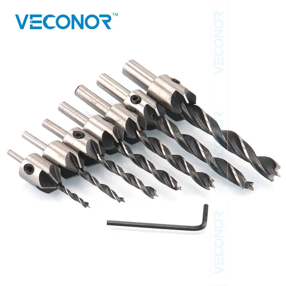 7PCS Countersink Drill Bits Set+1PCS Hex Shank Wrench 3/4/5/6/7/8/10mm HSS Carpentry Reamer Woodworking Chamfer Counter Bit Set