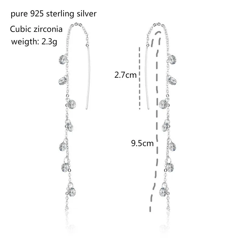 925 пробы, серебряные цепочки, звенья, круглые CZ бусины, кисточки, Висячие длинные серьги для женщин, девушек, ювелирные изделия Orecchini Aros Aretes Oorbellen
