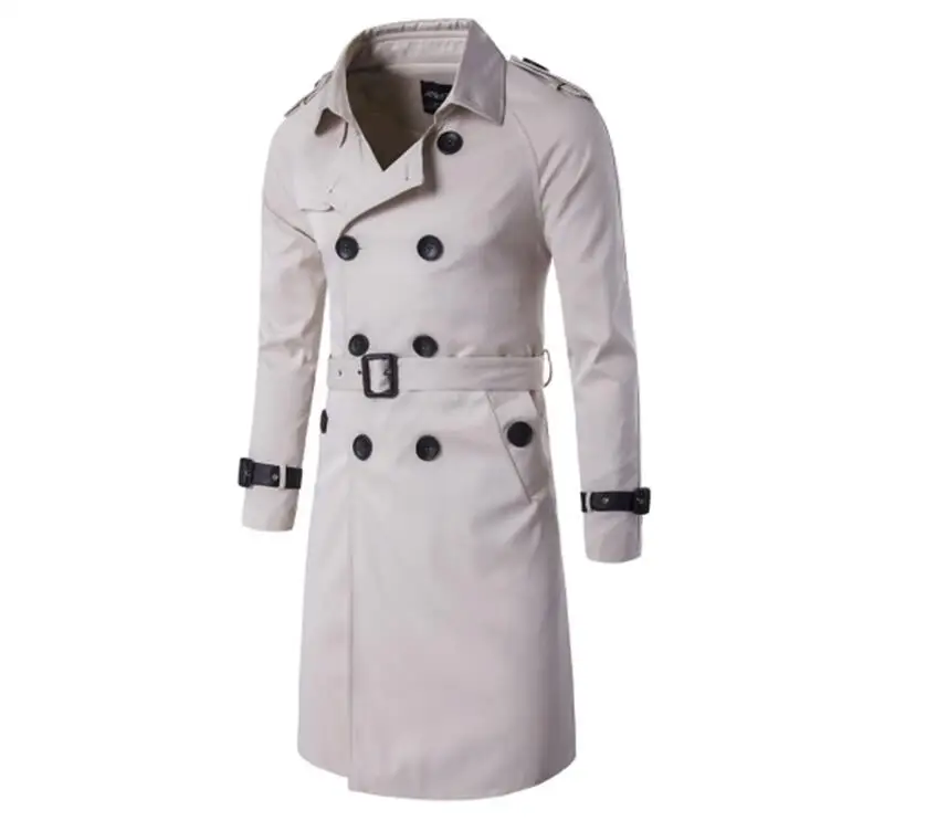 Мужской Тренч, брендовая модная длинная двубортная ветровка, деловая Мужская ветровка, черная куртка, повседневное пальто 3XL - Цвет: Beige