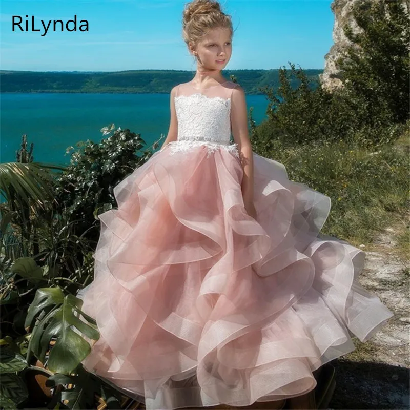 Новые Платья с цветочным узором для девочек, розовые платья для первого причастия для девочек, бальное платье, пышные платья с бусинами и облаками, Vestido De Daminha