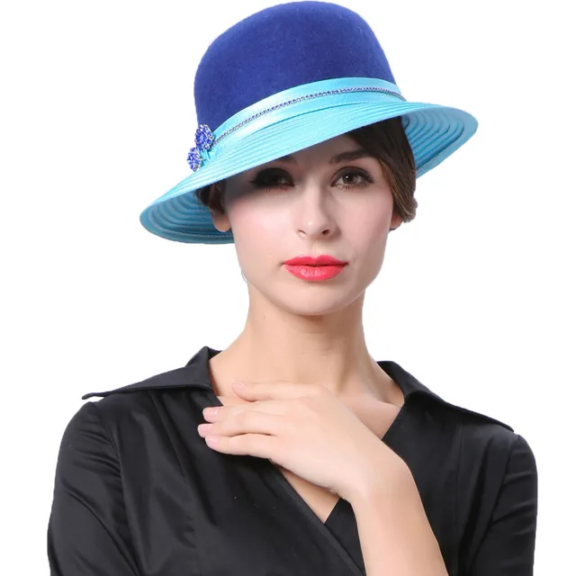 June's Young Women Hats Winter Wool Felt Hats Sky Blue Royal Blue Color Diamond Casings Wide