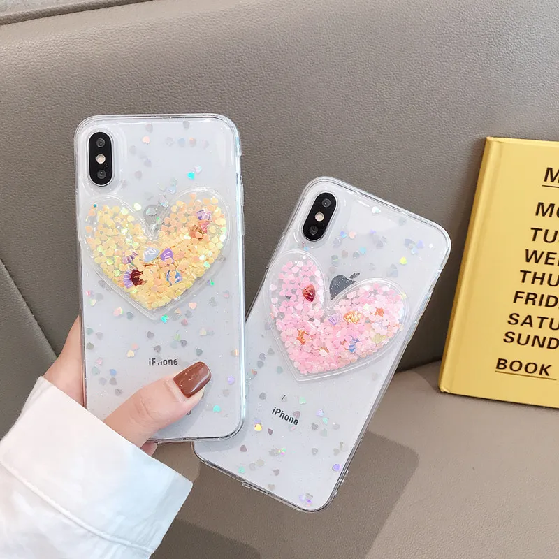 

3D Love Heart Glitter Quicksand Coque for Iphone 8 7 6 6S Plus X Case Clear Bling Drop Glue Cover for Iphone Xr Xs Max Case