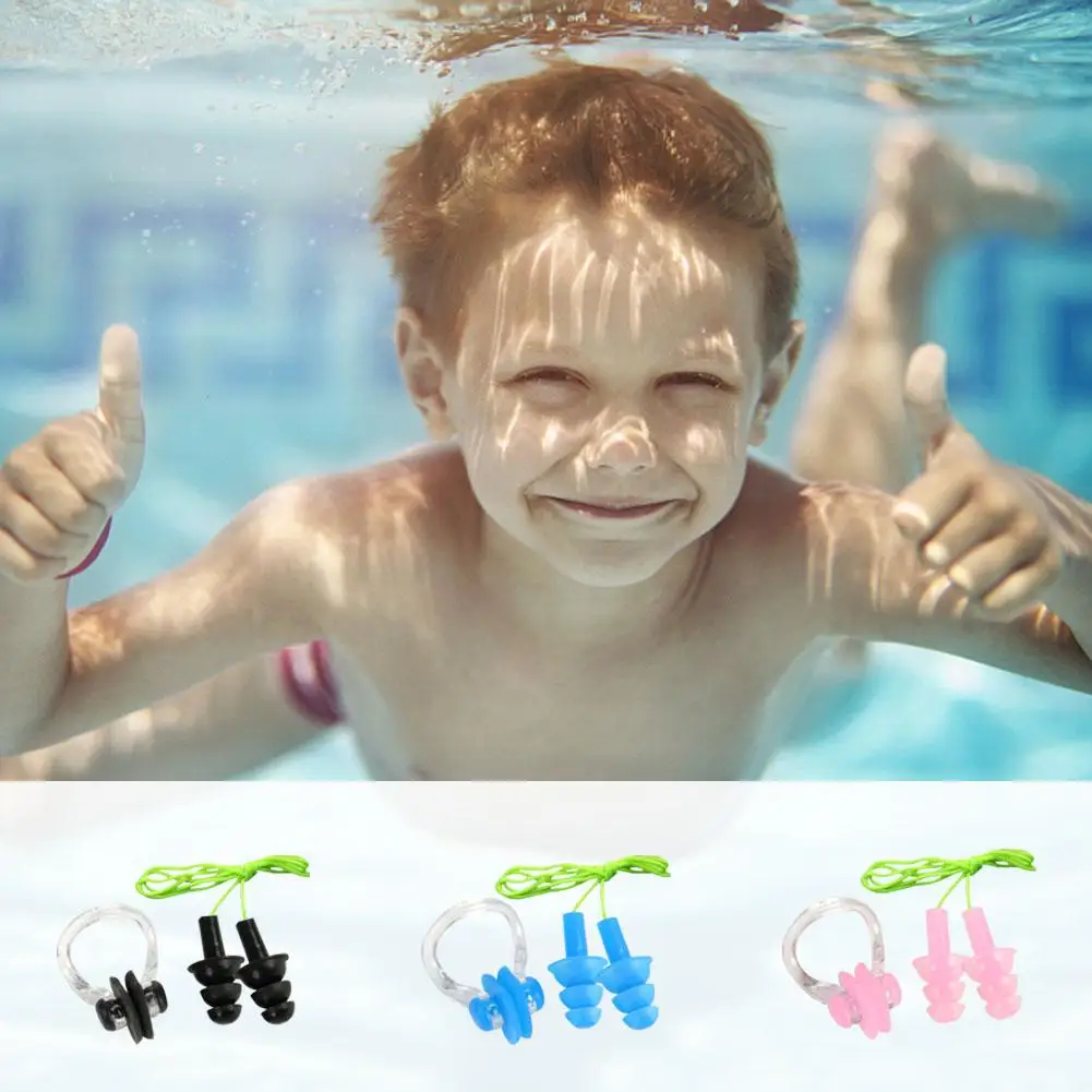 YUKE Children's Waterproof Swimming Earplugs With Rope & Nose Clampin
