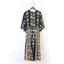 Bohemian Women V Neck Tropical Floral Print Dresses Embroidery Patchwork Empire Holiday Long Dress Maxi Chiffon Vestiods Casual