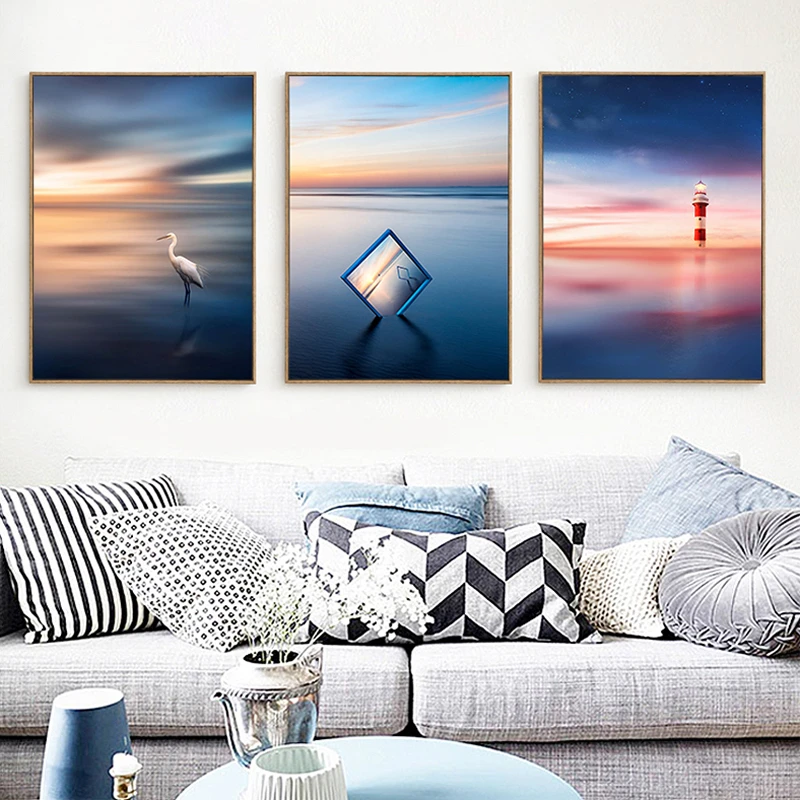 Scandinavian Transparent Photo Frame Sunrise Landscape Canvas Painting Aurora Lighthouse Wall Picture Seagull Ocean Poster Decor