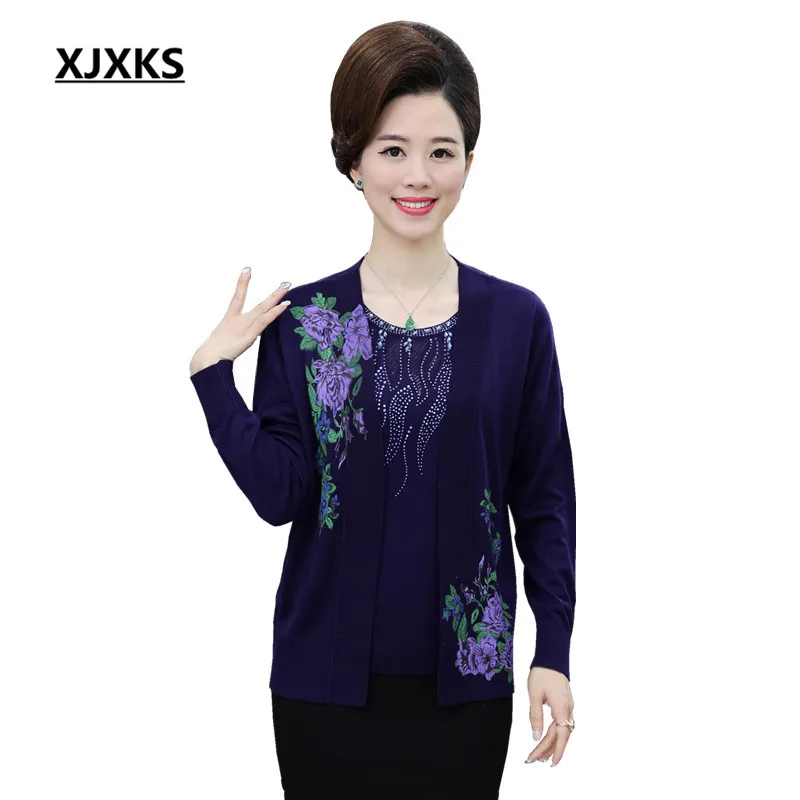 

XJXKS 2017 New Women Autumn and Winter Knitted Sweaters Real Two Piece Sets Female Cardigan + Short Sleeve Tops 58053