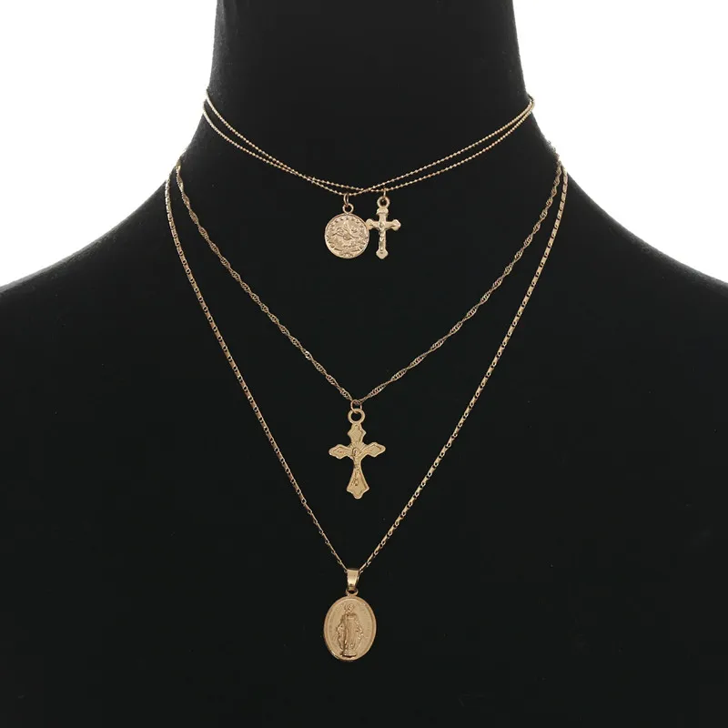 Ingemark золотой цвет богемы крест слоистых ожерелье Иисус, Дева Мария цепи кулон ожерелье подарок на Пасху для женщин ювелирные изделия - Окраска металла: Golden Color