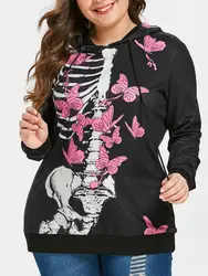 Плюс размеры Череп кости и бабочка печати Хэллоуин Толстовка для женщин осень с длинным рукавом капюшоном женская одежда