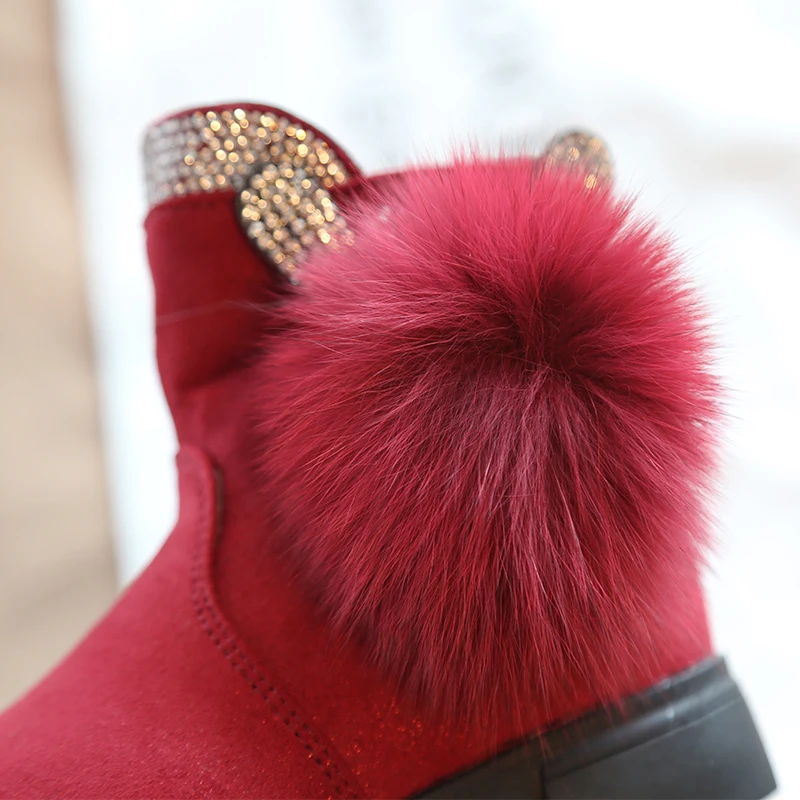 2018 Girls Rhinestone Glitter Boots with cashmere cotton, Bunny Ears, Kids lovely Fur Ball winter warm shoes, black and Red   (16)