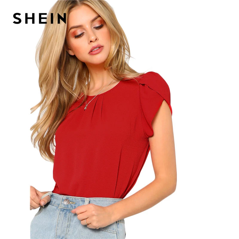 SHEIN Однотонный Топ С Оригинальным Рукавом Женская Летняя Повседневная Блузка С Круглым Вырезом И Короткими Рукавами