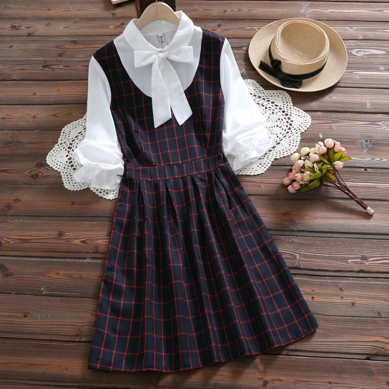

2019 Japanese Preppy Style Spring Women Mini Dress Patchwork Red Green Plaid Bow School Uniform Elegant Cute Kawaii Girl's Dress