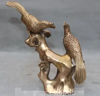 

7" Chinese Fengshui Bronze Auspicious Plum Double Bird Birds Magpie Statue
