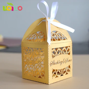 

2017 popular wedding favor golded laser cut wedding box with personalized name logo