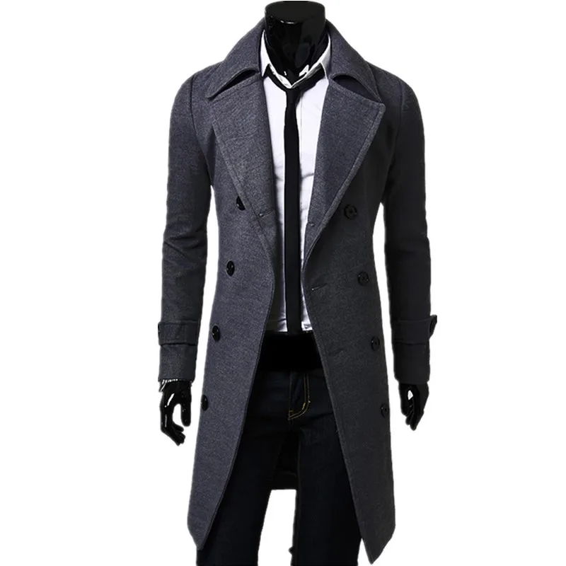 

Trench coat men's autumn and winter long solid color double-breasted solid color classic high quality wool blends coat