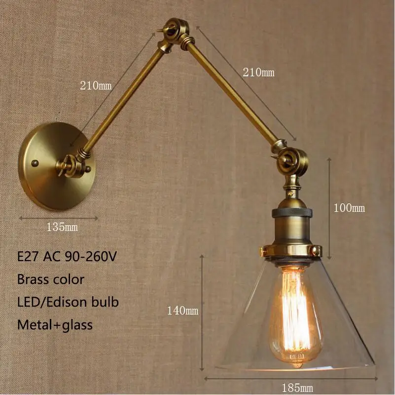Промышленный стиль Античный цвет ржавчины метала стеклянная настенная лампа/поворотный кронштейн настенное освещение для рабочей комнаты/ванной комнаты Тщеславие 2 применяется рука торнадо - Цвет абажура: brass color