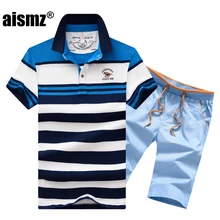 Aismz спортивный костюм для мужчин Вышивка костюмы для поло Лето 2 шт. короткий комплект мужская полосатая футболка шорты спортивные костюмы мужские худи набор