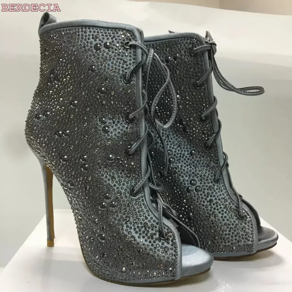 Unique dark grey crystal lace up sandal boots peep toe high heel women shoes stiletto heel boots banquet peep toe ankle boots