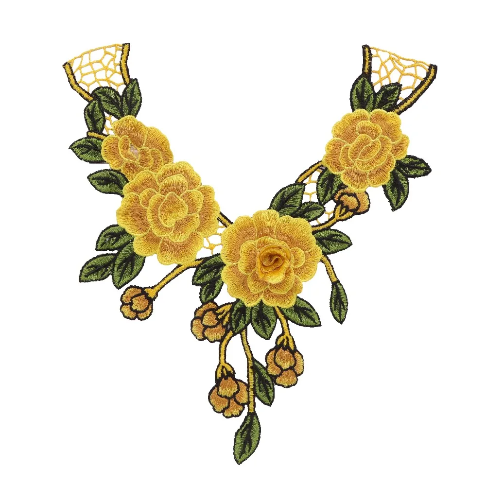 1 Piece 3D Yellow Lace Flower Necklace beading embroidery applique