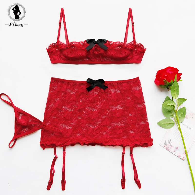 ALINRY sexy lingerie set hot half cup open bra erotic costume lace cute transparent mini skirt babydoll underwear porno lenceria