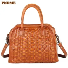 PNDME Роскошные Дизайнерские ручной работы Плетение ретро натуральная кожа женская сумка воловья кожа женские сумки через плечо сумка-тоут