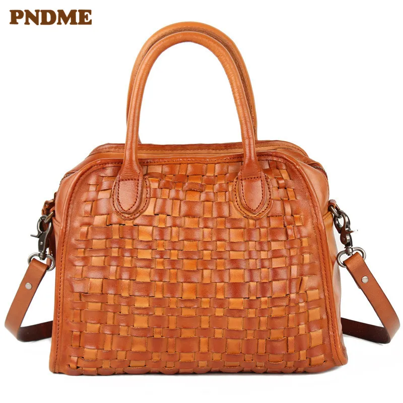 

PNDME luxury designer handmade weaving retro genuine leather ladies handbag cowhide women's shoulder messenger bags tote bag