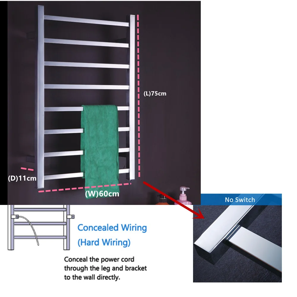 Популярные полотенцесушители для ванной комнаты, Электрический Полотенцесушитель с подогревом, квадратный полотенцесушитель для сушки полотенец, TW-SQ8 - Цвет: Hidden Cable 2