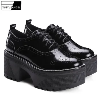 

Punk Womens Wing Tip Carved Brogue Shoes For British Ladies Lace Up Patent Leather Gothic Shoes High Plaform Shoes