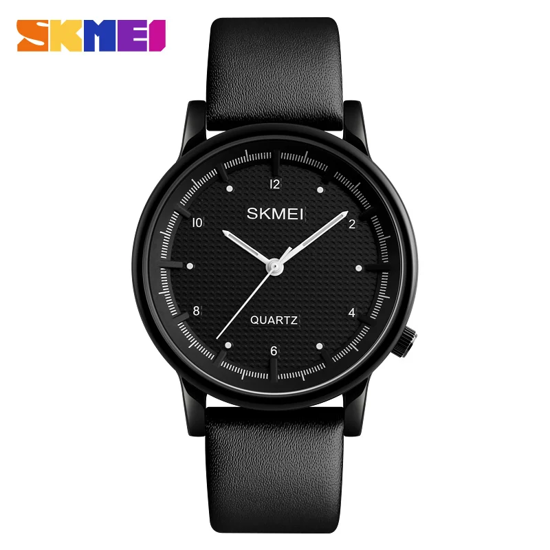 SKMEI простой бренд кварцевые часы Бизнес Мода повседневное кожаный браслет 3 бар водонепроницаемый Пряжка наручные часы большие двойные часы - Цвет: Black White Black