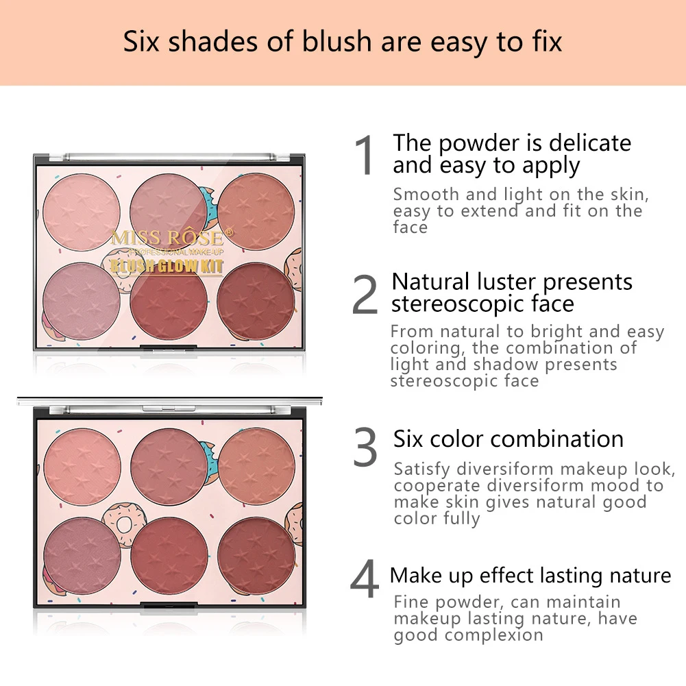 6 Colors Natural Blush Makeup Blush Palette Long-lasting Transparent Window Skin-friendly Rouge Makeup Box Blush TSLM1