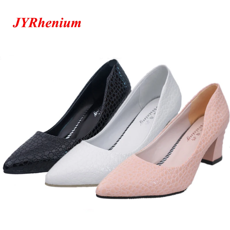 

JYRhenium 2018 New Arrival Autumn Slip On Women Pumps Fashion Elegant Pointed Toe Thick Middle Heels Party Lady OL Woman Shoes