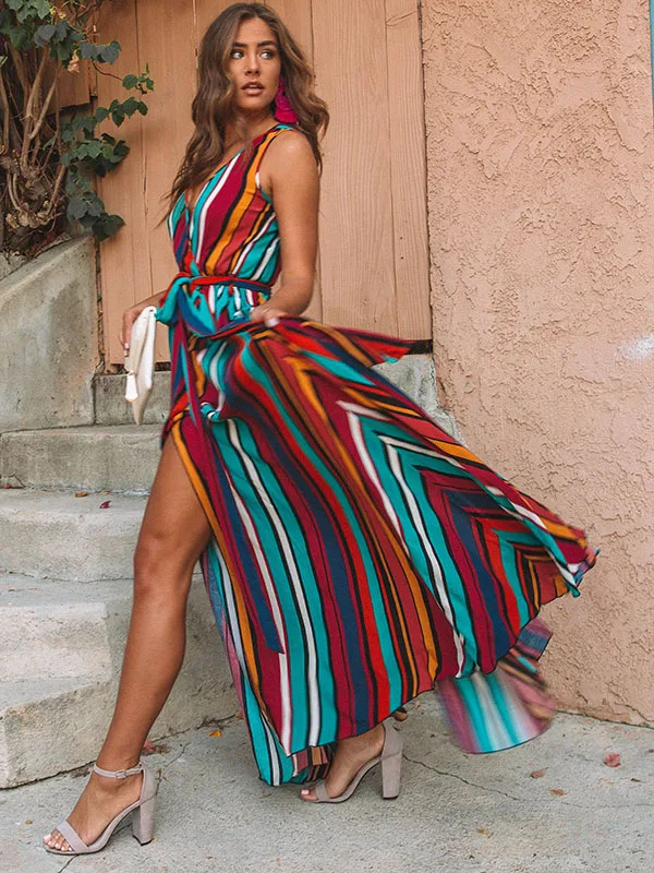 

Boho Summer Women's Long Chiffon Dress Sexy Side Split Spaghetti Strap Striped Print V Neck Lace Up Dress Vacation Beach Dresses