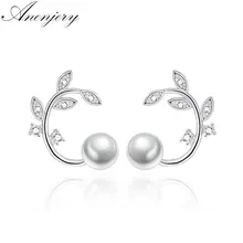 Anenjery Новые Простые Модные 925 пробы серебряные циркониевые цветочные жемчужные листья дерева серьги-гвоздики для женщин S-E261