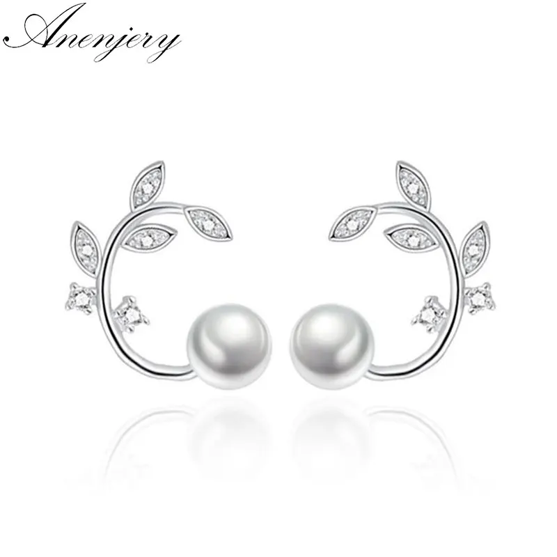 

Anenjery New Simple Fashion 925 Sterling Silver Zircon Flower Pearl Tree Leaves Stud Earrings For Women S-E261