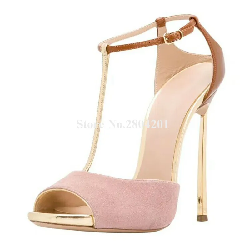 

Brand Design Women Fashion Peep Toe Metal Stiletto Heel Pumps Pink Gold Ankle Strap High Heel Sandals Dress Shoes