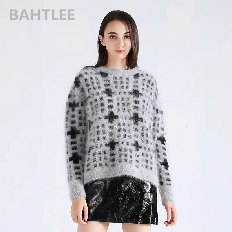 

BAHTLEE women's angora rabbit knitted pullovers sweater jumper O-neck Jacquard process keep warm loose thick Autumn winter