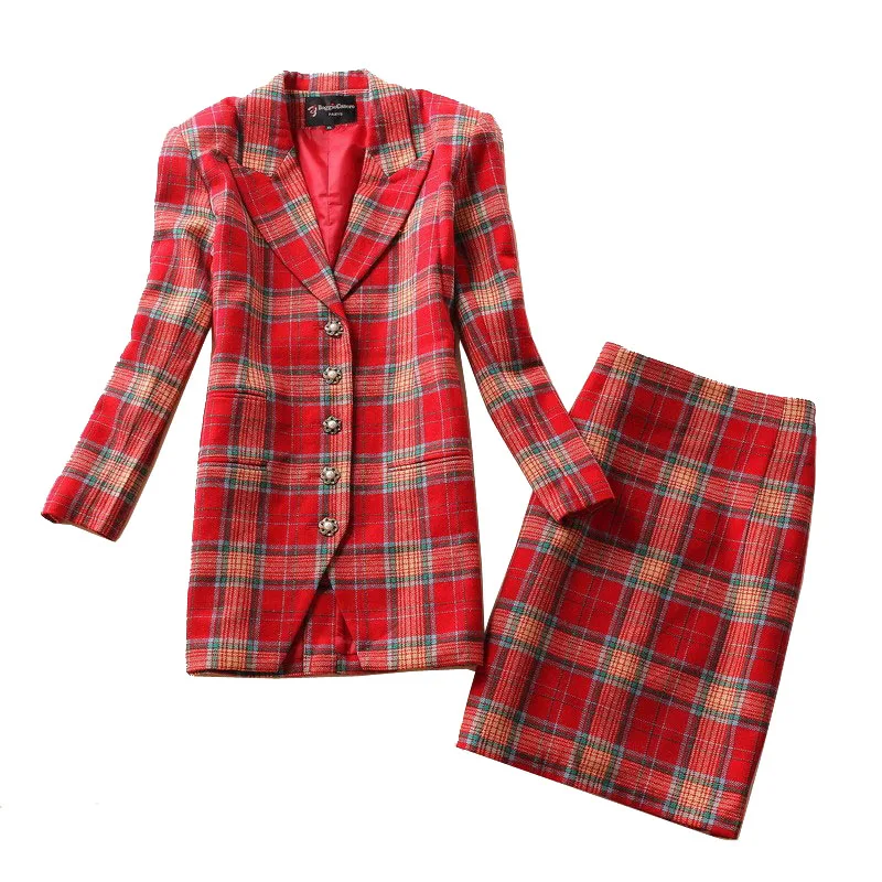 Winter Brand Classic Women Plaid Wool skirt suit Ladies