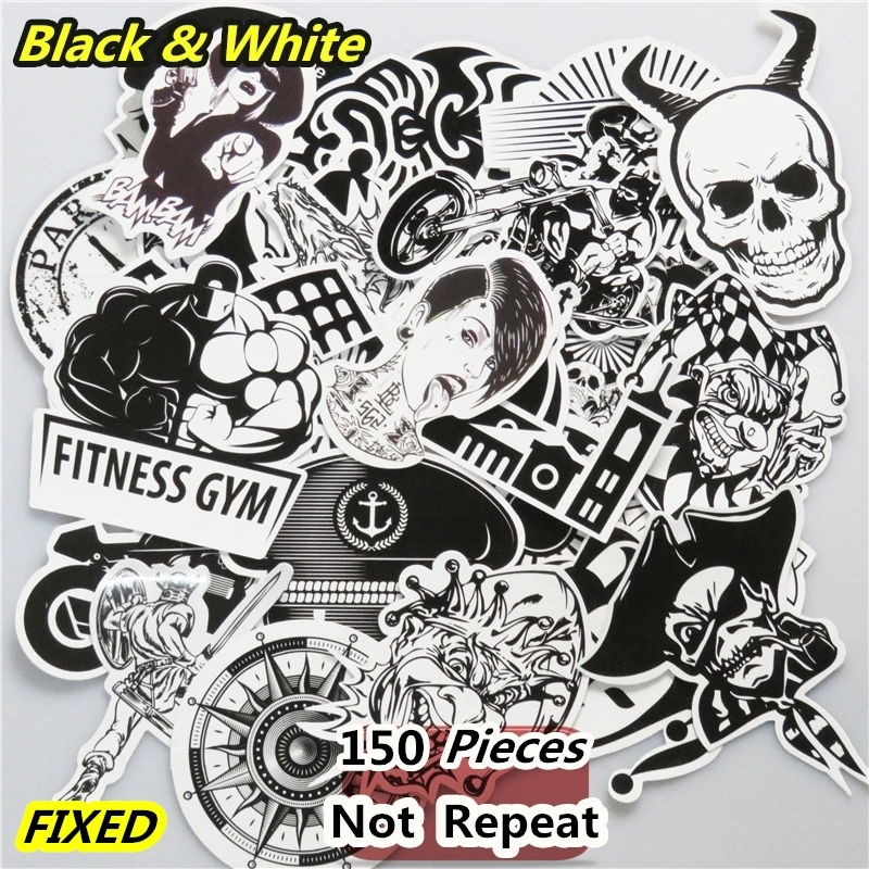 

New 150 PCS Black And White Sticker Car Styling Bike Luggage JDM Doodle Cool Vinyl Decals Laptop Toy Home Decor DIY Stickers