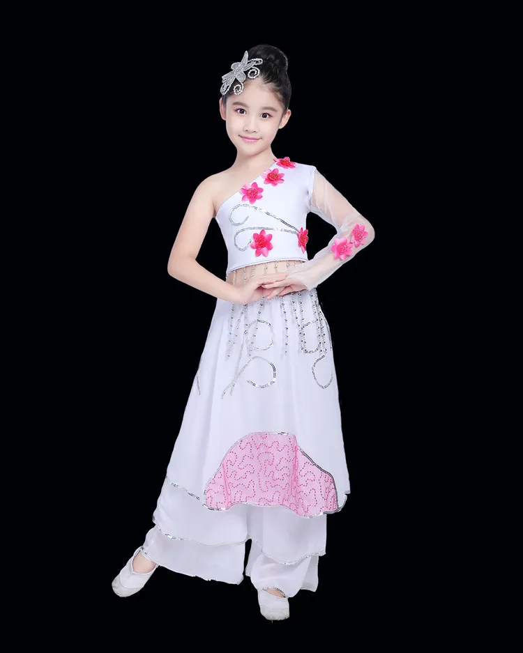 Детский монохромный падающий цветок народный танцевальный костюм классический танец дождь цветок шоу костюм "Веер" Yangge костюм зонтик танец