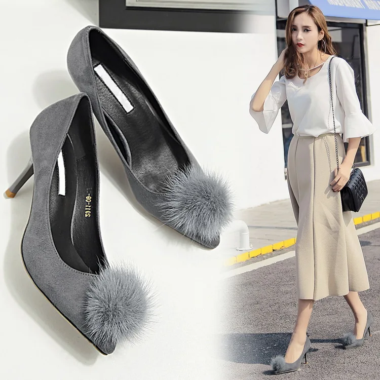 LALA IKAI Fur Pompon Decoration Women's Heels 2017 Fashion Flock 2017 Women's Pumps Wedding Shoes 040C0922-4 (8)