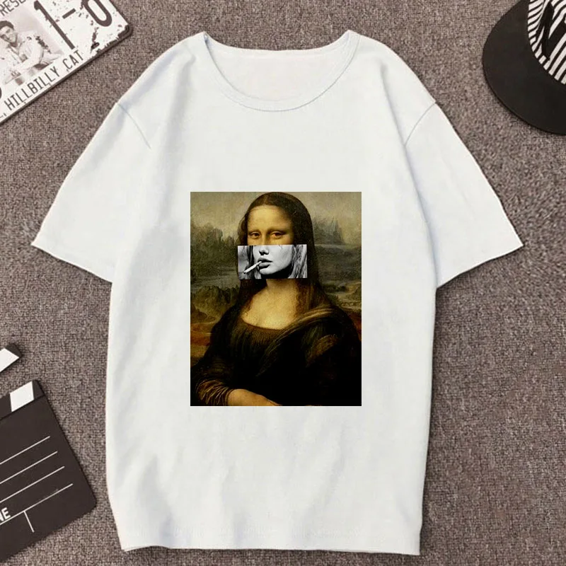 Женская футболка в стиле Харадзюку Mona Lisa белая с тонким разрезом лето