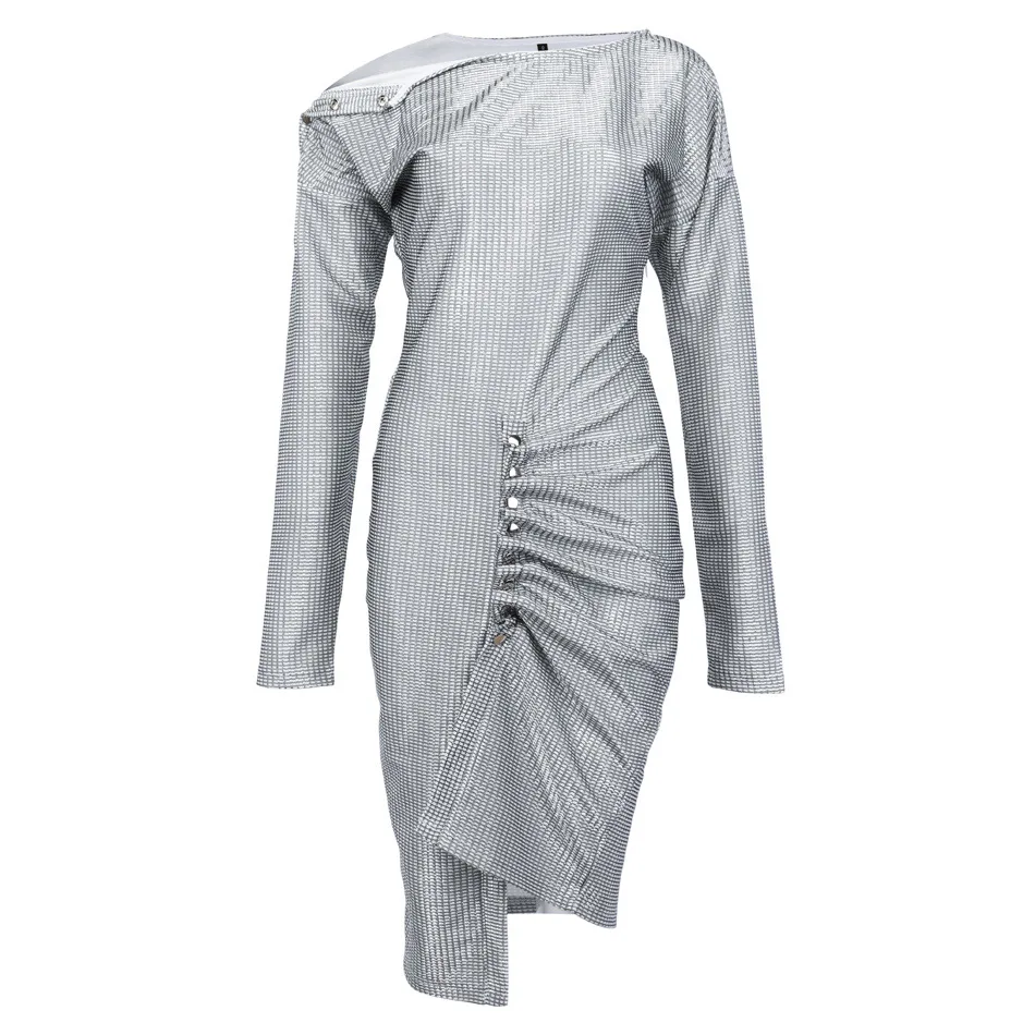 Серебряный Ruched Для женщин сексуальное платье Gigi Hadid; Звездная длинный рукав; пуговицы Украшенные разрез нерегулярные облегающее Мини Вечерние платья - Цвет: silver