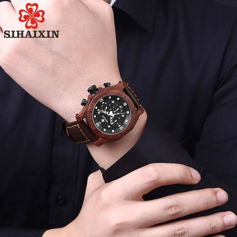 

SIHAIXIN Wood Mens Watches Top Brand Luxury Horloges Mannen Chronograph Quartz Sport Watch Man Waterproof Date Clock Male Gift
