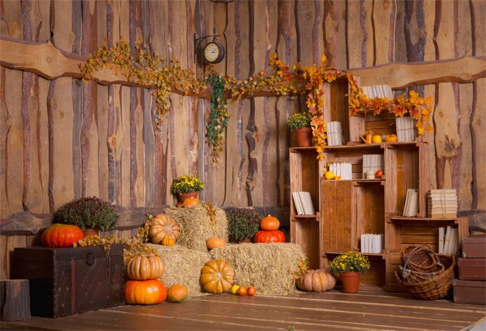 cheap Laeacco Wooden House Book Shelf Hay Stack Pumpkin Photography Backgrounds Customized Photographic Backdrops For Photo Studio
